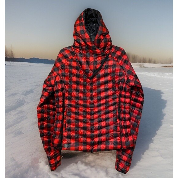 Heim-Made Lumber Jacket Puffer Red Black Plaid Women XL Down Hooded Pullover EUC - Picture 1 of 16